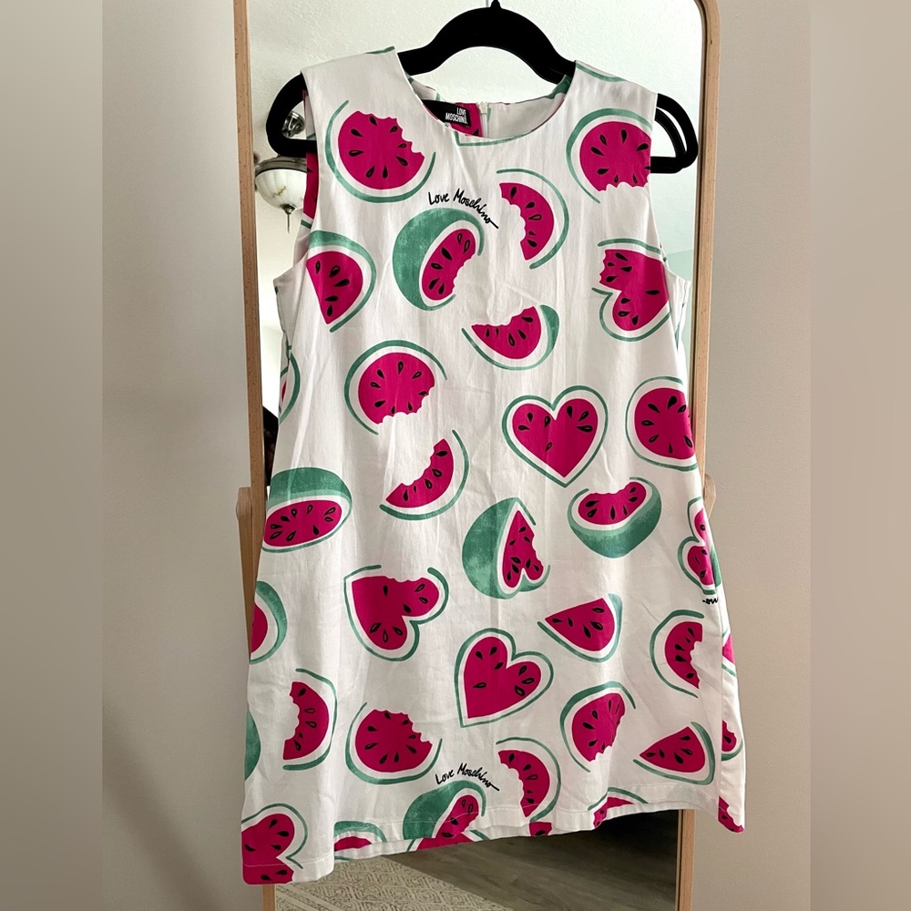 Love Moschino All Over Heart Watermelon Print Shift Dress White Pink M 6 - Picture 2 of 10